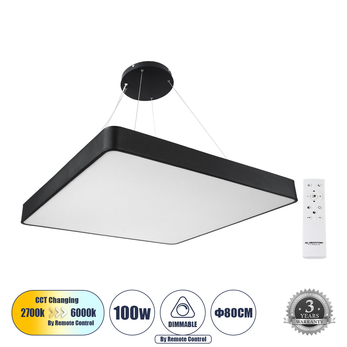 KAMALA 61210-P Κρεμαστή Πλαφονιέρα Οροφής LED CCT 100W 11020lm 120° AC 220-240V - Εναλλαγή Φωτισμού μέσω Τηλεχειριστηρίου All In One Ψυχρό 6000k+Φυσικό 4500k+Θερμό 2700k Dimmable Μ80 x Π80 x Υ8cm- Μαύρο