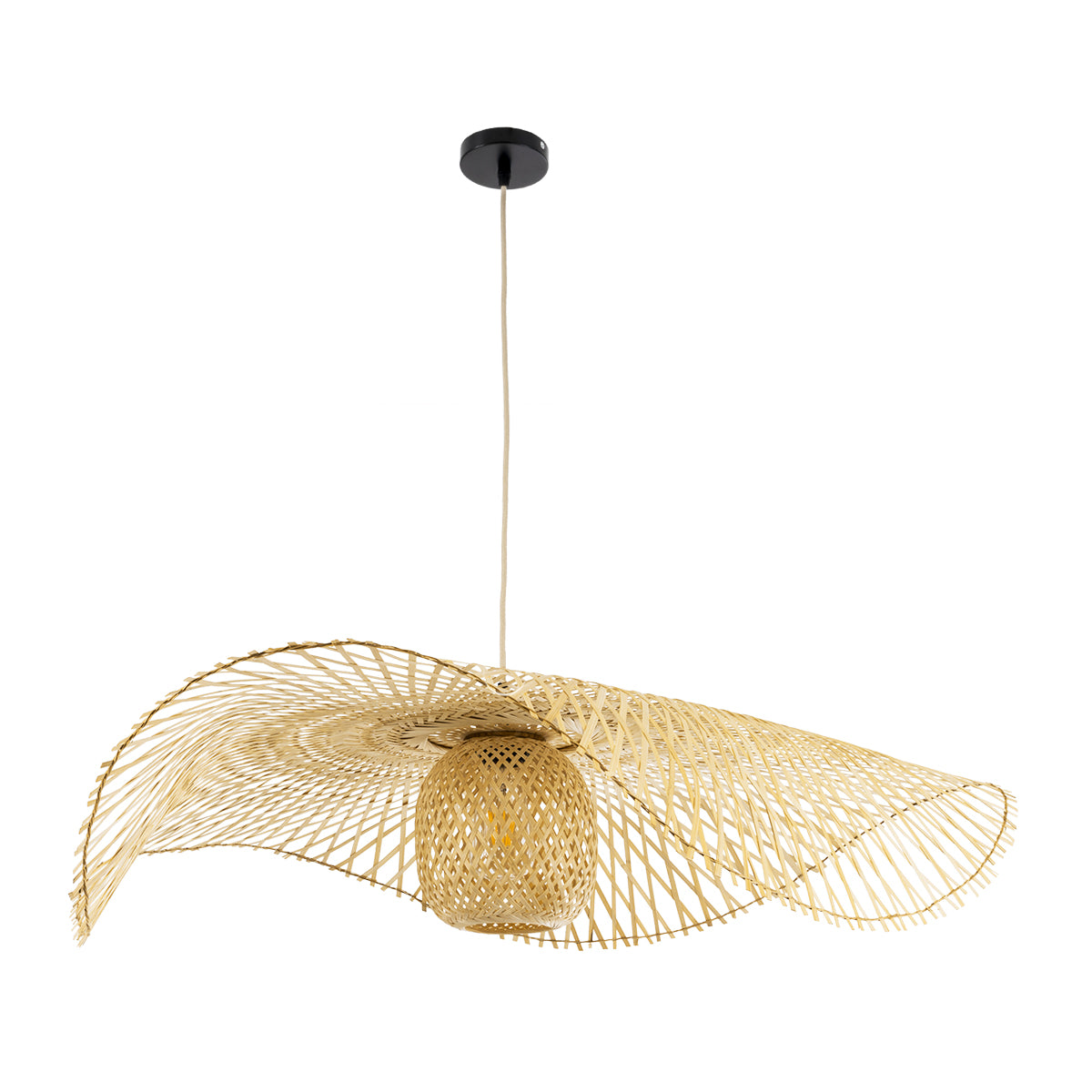 CINNABAR 01838 Boho Κρεμαστό Φωτιστικό Οροφής Μονόφωτο 1 x E27 AC220-240V IP20 - Φ100 x Υ21cm - Μπεζ Ξύλινο Μπαμπού Πλέγμα