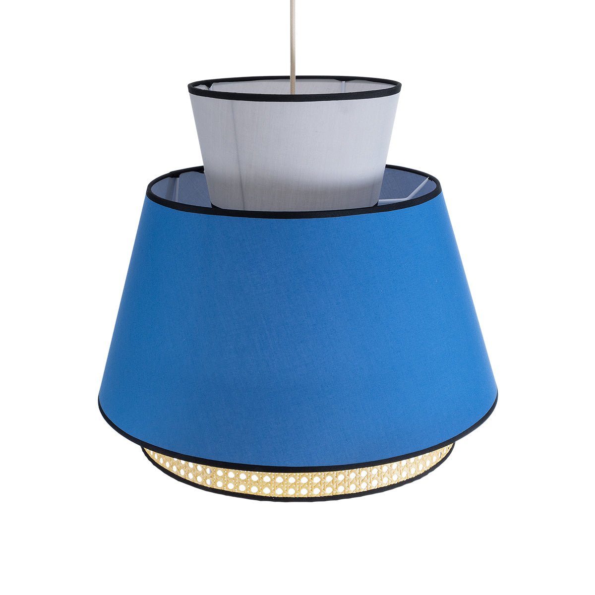 SAIGE 01918 Boho Κρεμαστό Φωτιστικό Οροφής Μονόφωτο 1 x E27 AC220-240V IP20 - Φ50 x Υ45cm - Μπεζ Μπαμπού Πλέγμα με Μπλε και Γκρι Υφασμάτινο Καπέλο