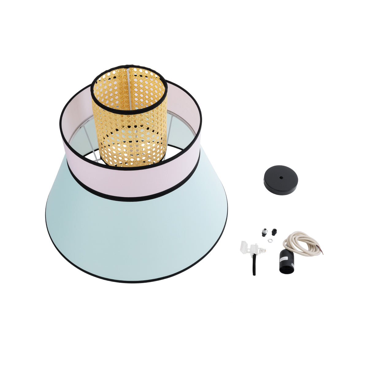 SAIGE 01920 Boho Κρεμαστό Φωτιστικό Οροφής Μονόφωτο 1 x E27 AC220-240V IP20 - Φ50 x Υ54cm - Μπεζ Ξύλινο με Ροζ Γαλάζιο και Μαύρες Λεπτομέρειες Πλέγμα