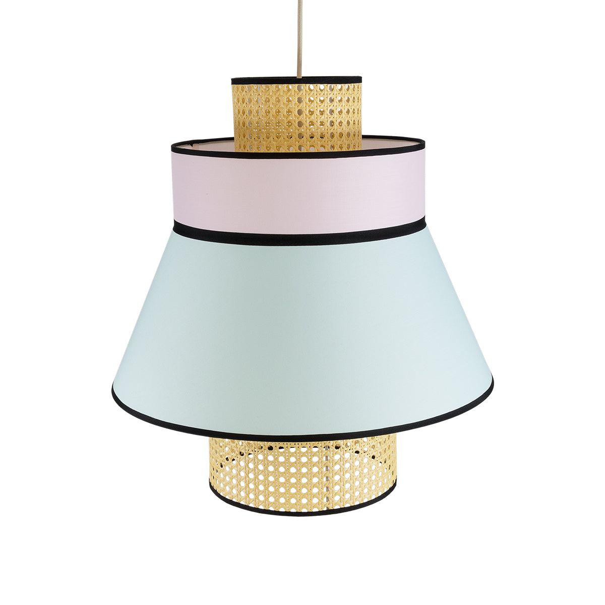 SAIGE 01920 Boho Κρεμαστό Φωτιστικό Οροφής Μονόφωτο 1 x E27 AC220-240V IP20 - Φ50 x Υ54cm - Μπεζ Ξύλινο με Ροζ Γαλάζιο και Μαύρες Λεπτομέρειες Πλέγμα