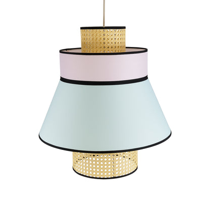 SAIGE 01920 Boho Κρεμαστό Φωτιστικό Οροφής Μονόφωτο 1 x E27 AC220-240V IP20 - Φ50 x Υ54cm - Μπεζ Ξύλινο με Ροζ Γαλάζιο και Μαύρες Λεπτομέρειες Πλέγμα