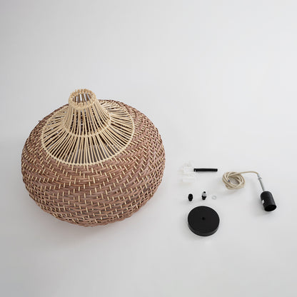 PANAMA 01952 Boho Κρεμαστό Φωτιστικό Οροφής Μονόφωτο 1 x E27 AC220-240V IP20 - Φ40 x Υ34cm - Μπεζ με Καφέ Ξύλινο Μπαμπού Πλέγμα Καμπάνα