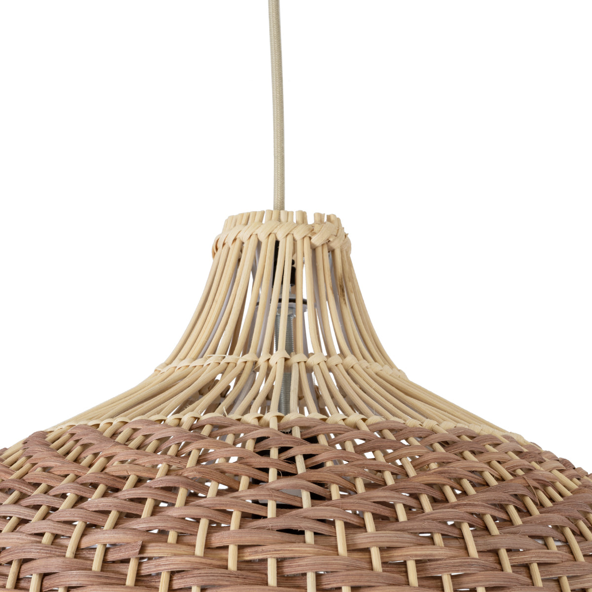 PANAMA 01952 Boho Κρεμαστό Φωτιστικό Οροφής Μονόφωτο 1 x E27 AC220-240V IP20 - Φ40 x Υ34cm - Μπεζ με Καφέ Ξύλινο Μπαμπού Πλέγμα Καμπάνα