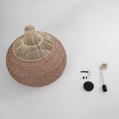 PANAMA 01953 Boho Κρεμαστό Φωτιστικό Οροφής Μονόφωτο 1 x E27 AC220-240V IP20 - Φ60 x Υ60cm - Μπεζ με Καφέ Ξύλινο Μπαμπού Πλέγμα Καμπάνα