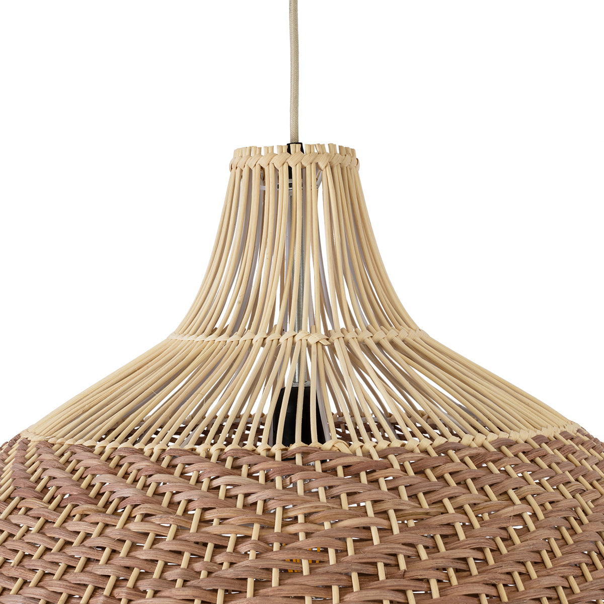 PANAMA 01953 Boho Κρεμαστό Φωτιστικό Οροφής Μονόφωτο 1 x E27 AC220-240V IP20 - Φ60 x Υ60cm - Μπεζ με Καφέ Ξύλινο Μπαμπού Πλέγμα Καμπάνα