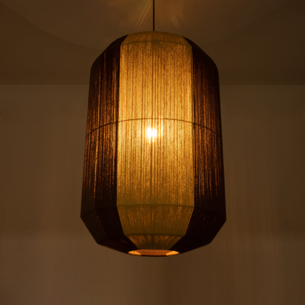 SALERNO 02076 Boho Κρεμαστό Φωτιστικό Οροφής Μονόφωτο 1 x E27 AC220-240V IP20 - Φ50 x Υ80cm - Μπεζ με Καφέ Λεπτό Νήμα Βαμβακερό Πλέγμα Καμπάνα