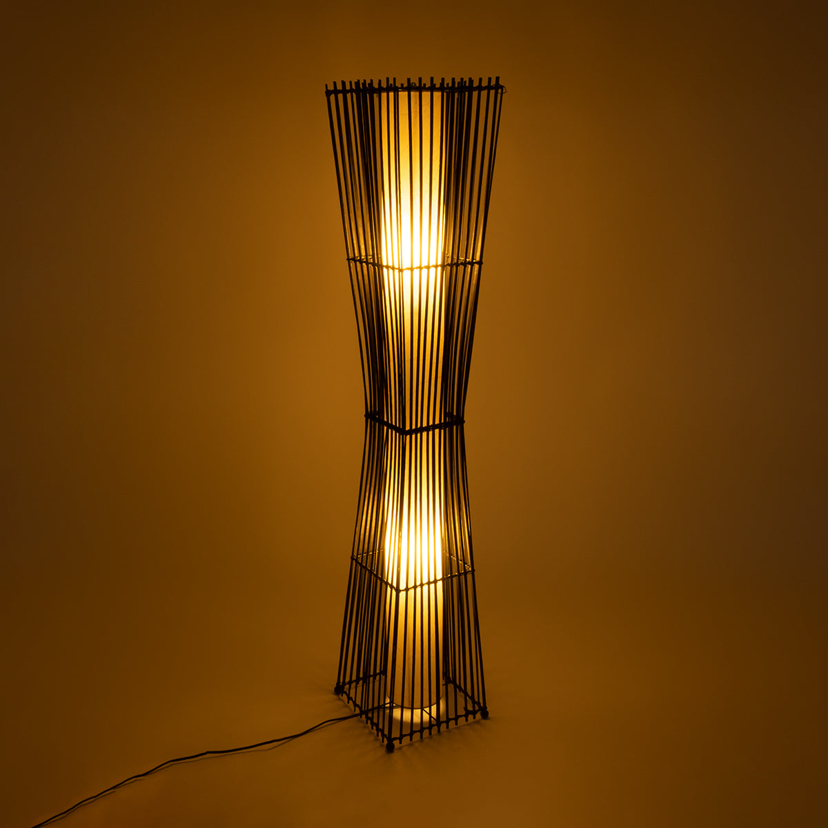 PALMA 02274 Boho Επιδαπέδιο Φωτιστικό Δίφωτο 2 x E27 AC220-240V IP20 - Μ25 x Π25 x Υ140cm - Μαύρο Ξύλινο Μπαμπού Πλέγμα με Μπεζ Ύφασμα