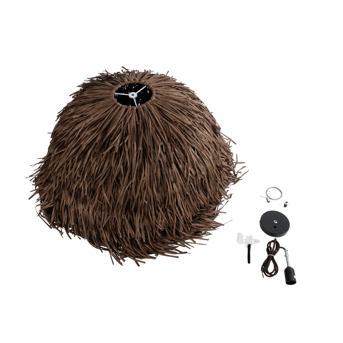 GUADELOUPE 02294 Boho Κρεμαστό Φωτιστικό Οροφής Μονόφωτο 1 x E27 AC220-240V IP20 - Φ80 x Υ60cm - Καφέ Σκούρο Φυσική Ράφια Νήμα Πλέγμα Καμπάνα