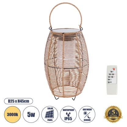 HESPELER 02305 Boho Αυτόνομο Ηλιακό Κρεμαστό/Επιτραπέζιο Φωτιστικό Πορτατίφ LED 5W 200lm 180° με Ενσωματωμένη Μπαταρία IP65 Θερμό Λευκό 3000K Μπεζ Ξύλο - Μ25 x Π25 x Υ45cm