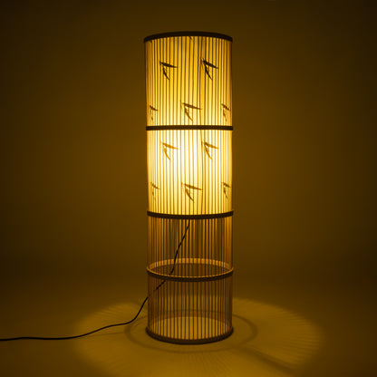 FALKLAND 02307 Boho Επιδαπέδιο Φωτιστικό Μονόφωτο 1 x E27 AC220-240V IP20 - Φ30 x Υ100cm - Λευκό Υφασμάτινο με Μάυρες Λεπτομέρειες και Μπεζ Ξύλινο Μπαμπού Πλέγμα