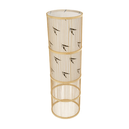 FALKLAND 02307 Boho Επιδαπέδιο Φωτιστικό Μονόφωτο 1 x E27 AC220-240V IP20 - Φ30 x Υ100cm - Λευκό Υφασμάτινο με Μάυρες Λεπτομέρειες και Μπεζ Ξύλινο Μπαμπού Πλέγμα