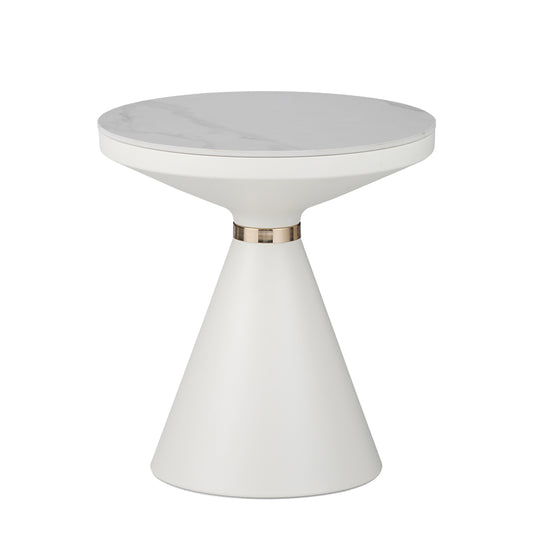Βοηθητικό Τραπέζι Coozlin Sintered Stone σε Απόχρωση Λευκό Μαρμάρου με Λευκό-Χρυσό Μέταλλο Φ50x50