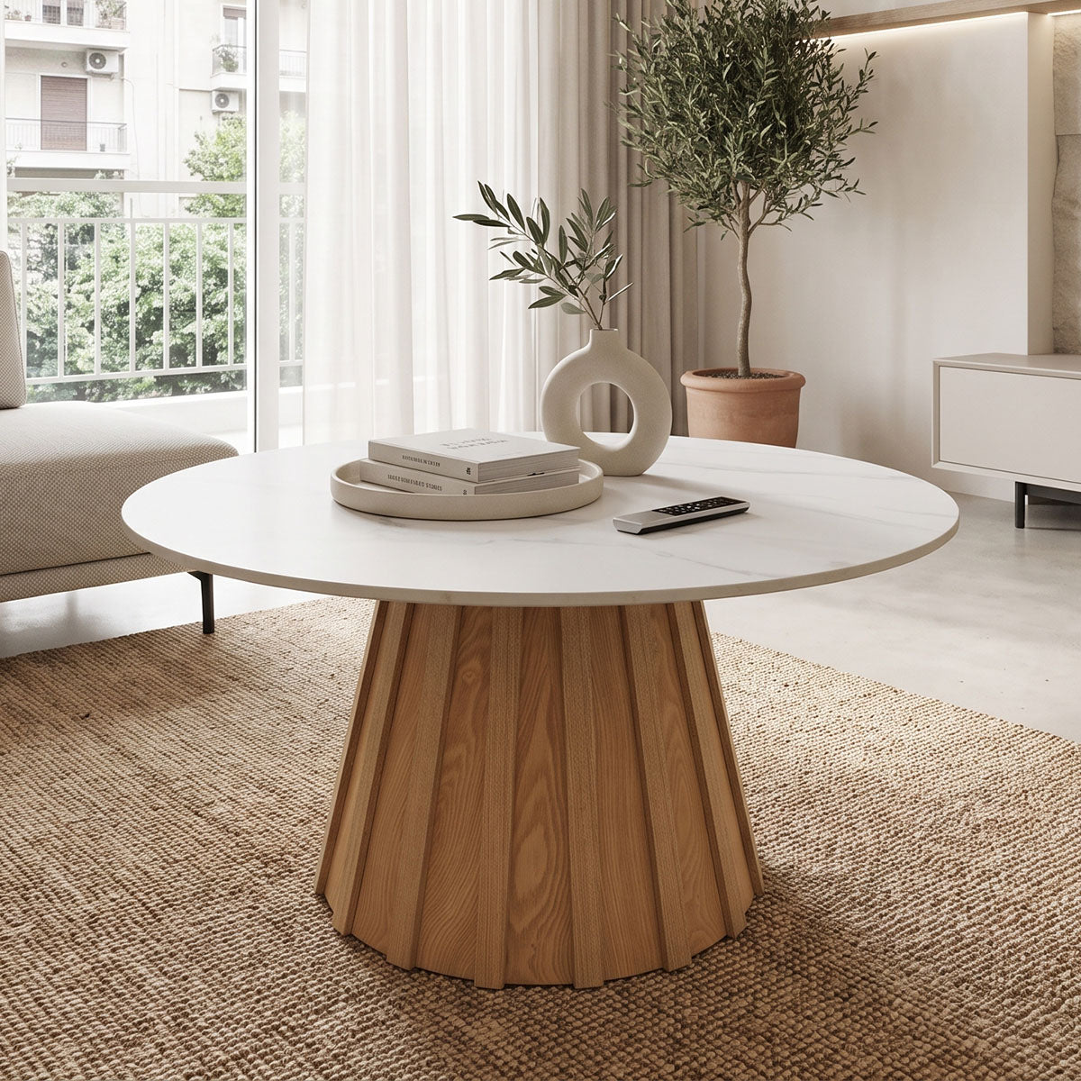 Τραπέζι Σαλονιού Franzel Sintered Stone σε Όψη Μαρμάρου-MDF σε Φυσική Απόχρωση Φ80x40