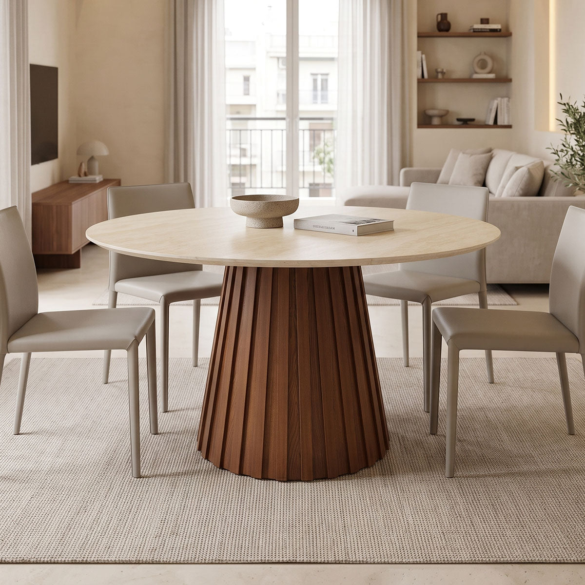 Τραπέζι Franzel Sintered Stone σε Όψη Τραβερτίνας-MDF Καρυδί Φ120x75