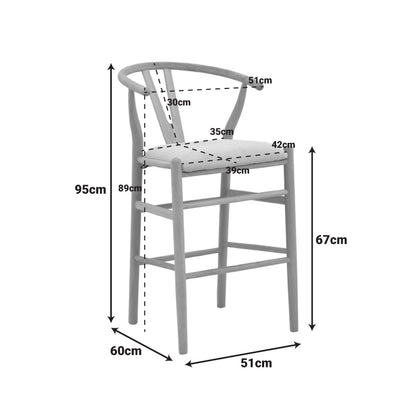 Wishbone Bar Stool Mid-Height Rubberwood-Fabric in Natural-Beige 51x60x95