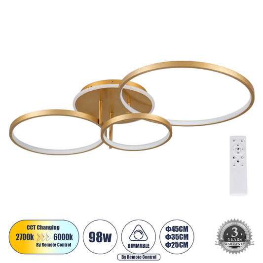 NEMESIS 61110 Μοντέρνο Φωτιστικό Οροφής LED 98W 11858lm 360° AC 220-240V IP20 Ρυθμιζόμενο Λευκό CCT με Χειριστήριο από 2700K έως 6000K Dimmable - Lumileds SMD Chip - Χρυσό Βούρτσας - Μ89 x Π60 x Υ19