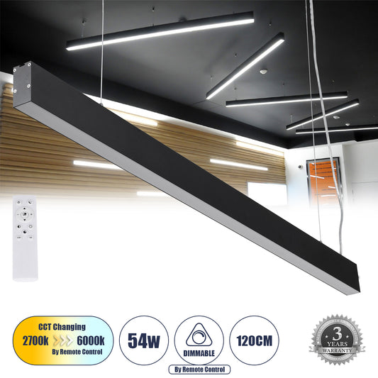 FELIX 61028-P Γραμμικό Κρεμαστό Φωτιστικό Linear LED CCT 54W 6500lm 120° AC 220-240V Μ120 x Π3.5 x Υ7cm - Εναλλαγή Φωτισμού μέσω Τηλεχειριστηρίου All In One Ψυχρό 6000k+Φυσικό 4500k+Θερμό 2700k Dimmable - Μαύρο