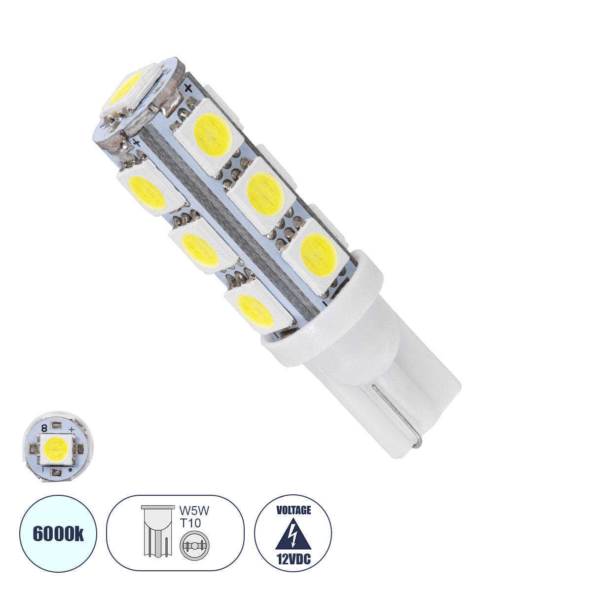 T10 W5W 03040 Λάμπα Αυτοκινήτου LED 13xSMD5050 2.8W 286lm 360° DC 12-16V IP20 Φ1.2 x Υ4cm Ψυχρό Λευκό 6000K