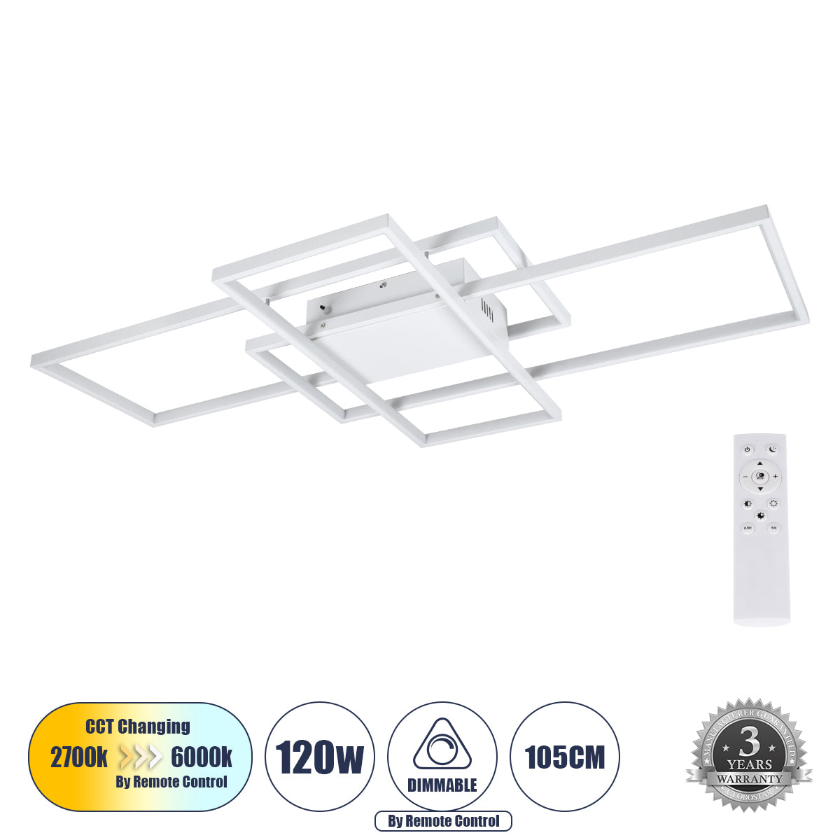 QUADRA 61389 Φωτιστικό Οροφής Design LED CCT 120W 14400lm 120° AC 220-240V - Εναλλαγή Φωτισμού μέσω Τηλεχειριστηρίου All In One Ψυχρό 6000k+Φυσικό 4500k+Θερμό 2700k Dimmable Μ105 x Π60 x Υ9cm - Λευκό