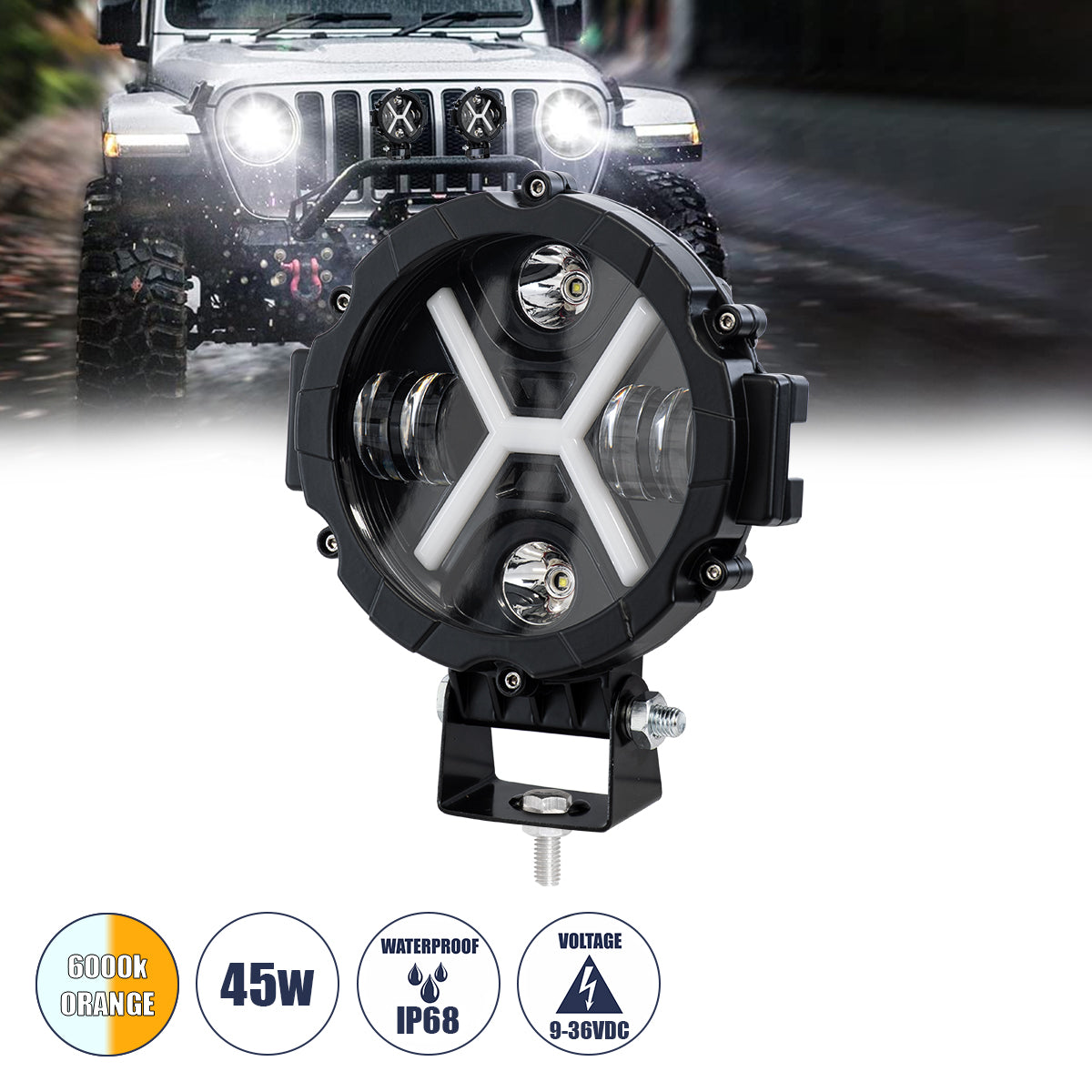 85416 Vehicle & JEEP Work Lights - Φώτα Εργασίας για Οχήματα και JEEP με X Light DRL & Φλας LED High Power 45W 4500lm DC 9-36V Αδιάβροχo IP68 Πορτοκαλί & Ψυχρό Λευκό 6000K M17.5 x Π8.5 x Υ20cm