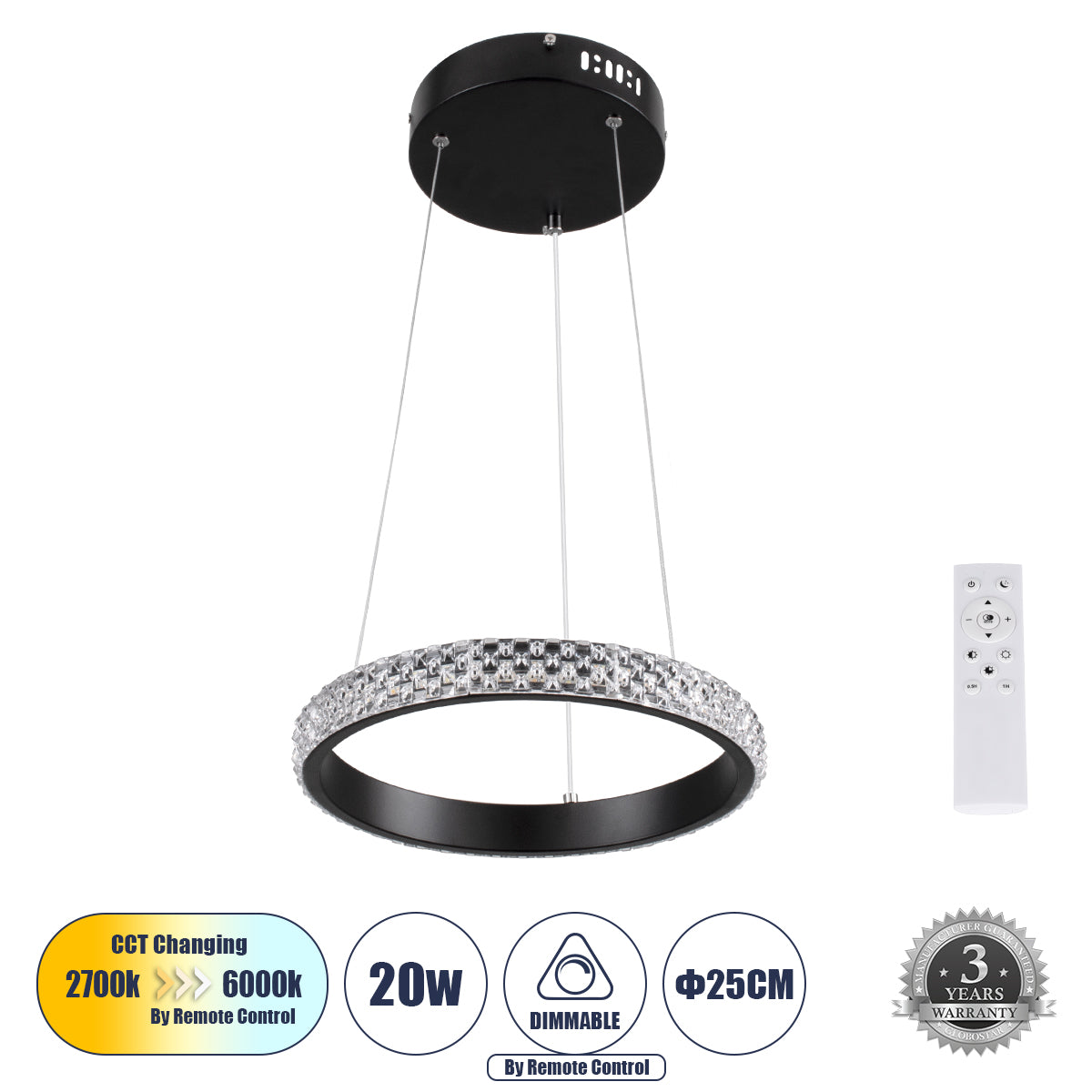 DIAMOND 61126 Κρεμαστό Φωτιστικό Δαχτυλίδι-Κύκλος LED CCT 20W 2356lm 360° AC 220-240V - Εναλλαγή Φωτισμού μέσω Τηλεχειριστηρίου All In One Ψυχρό 6000k+Φυσικό 4500k+Θερμό 2700k Dimmable Φ25cm - Μαύρο