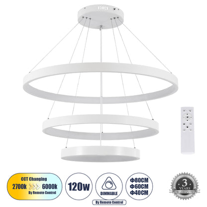 NEMESIS TRIO 61171 Κρεμαστό Φωτιστικό Δαχτυλίδι-Κύκλος LED CCT 120W 14723lm 360° AC 220-240V - Εναλλαγή Φωτισμού μέσω Τηλεχειριστηρίου All In One Ψυχρό 6000k+Φυσικό 4500k+Θερμό 2700k Dimmable Φ40+60+80cm - Λευκό