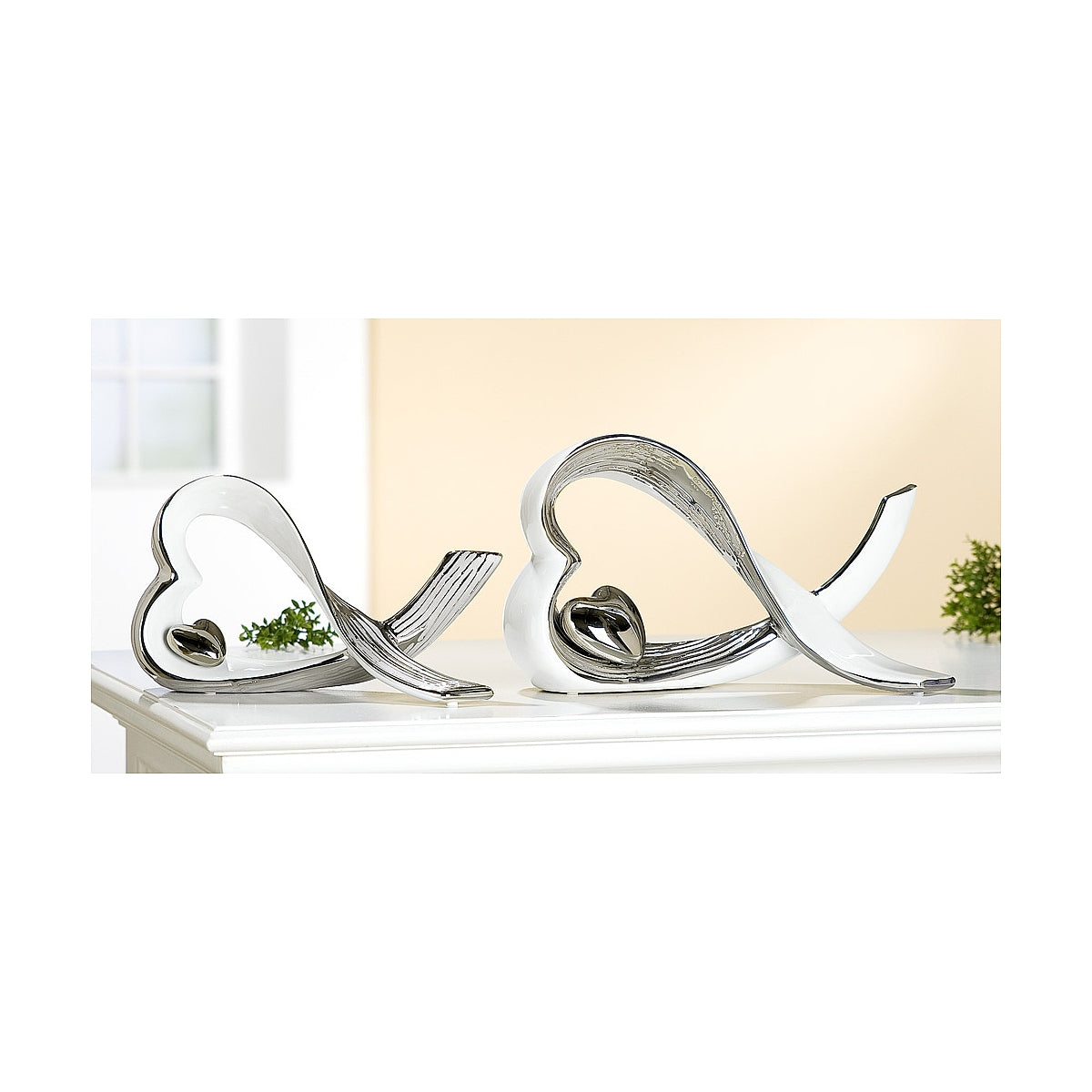 Διακοσμητικό Καρδιές Λευκό/Ασημί Κεραμικό 9x25x15