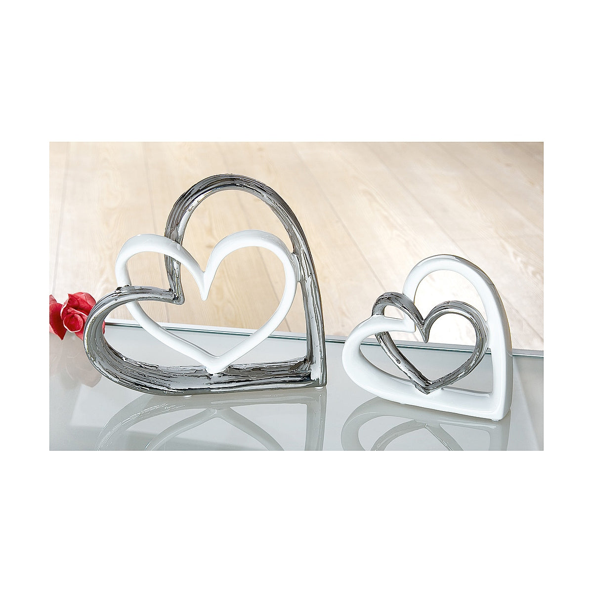 Διακοσμητικό Καρδιές Λευκό/Ασημί Κεραμικό 5x17.5x17