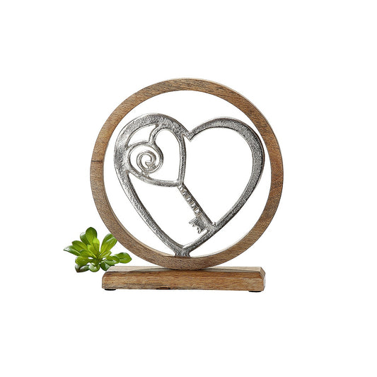 Διακοσμητικό Κλειδί Της Καρδιάς σε Κύκλο Ασημί/Φυσικό Αλουμίνιο/Ξύλο 5x18x21