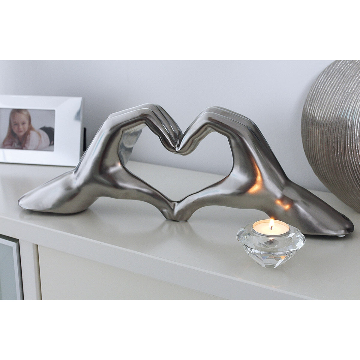 Διακοσμητικό Χέρια Σχηματίζουν Καρδιά Ασημί Κεραμικό 10x45x15