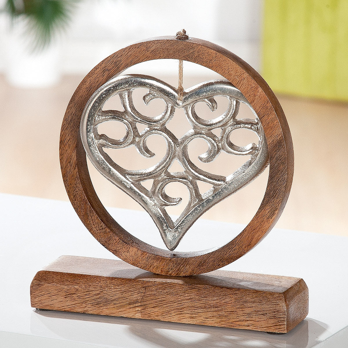 Διακοσμητικό Καρδιά σε Κύκλο Ασημί/Φυσικό Αλουμίνιο/Ξύλο 5x18x21