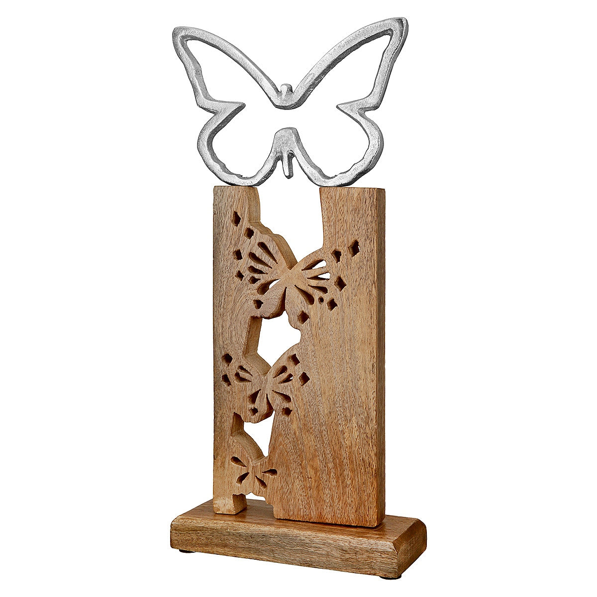 Διακοσμητικό Πεταλούδα σε Βάση Ασημί/Καφέ Ξύλο/Αλουμίνιο 7.5x19x40.5