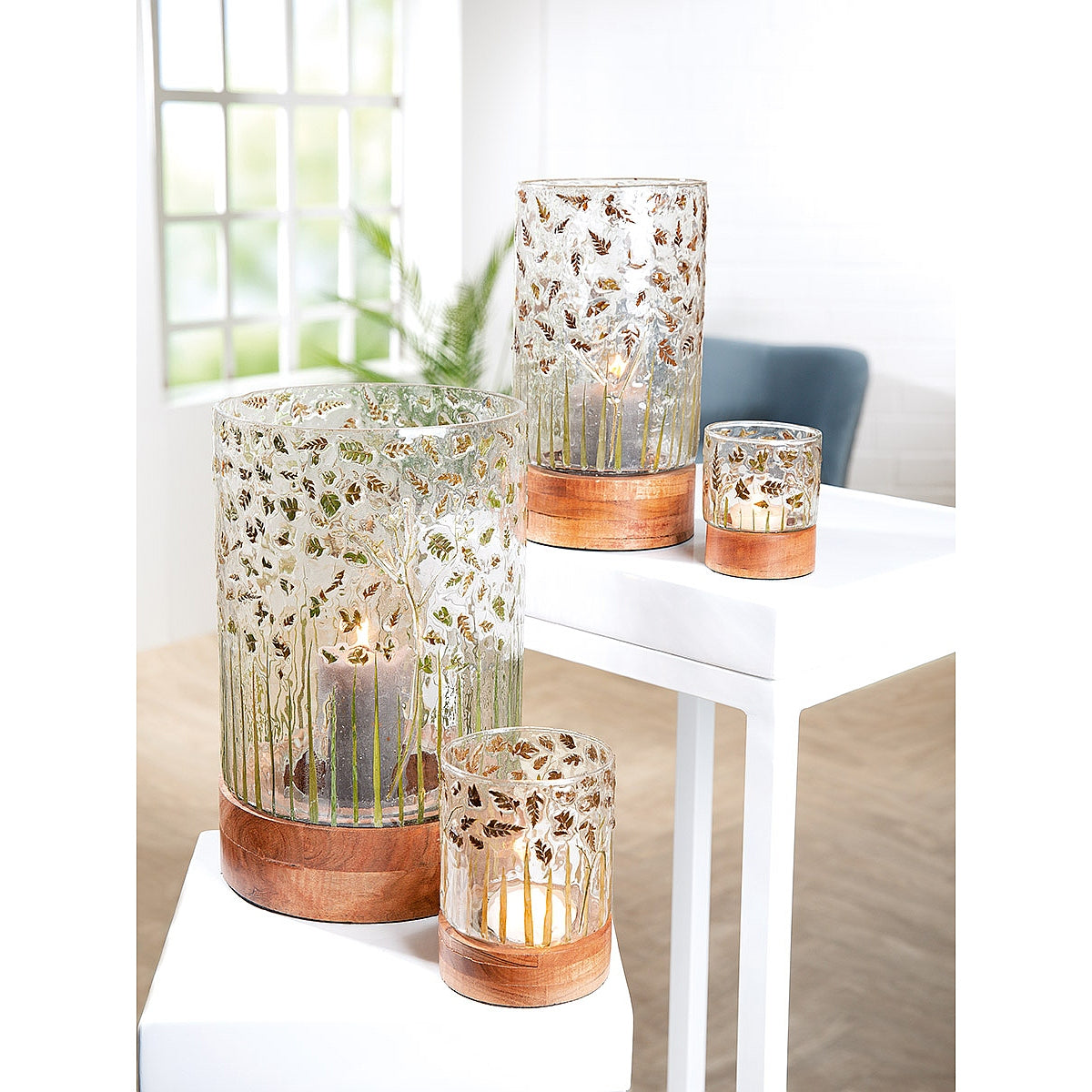 Κηροπήγιο με Διακόσμηση Φύλλα Διάφανο/Καφέ Γυαλί/Ξύλο 13.5εκ