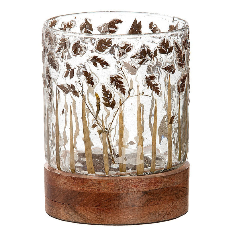 Κηροπήγιο με Διακόσμηση Φύλλα Διάφανο/Καφέ Γυαλί/Ξύλο 13.5εκ