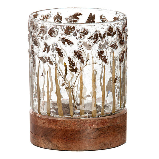 Κηροπήγιο με Διακόσμηση Φύλλα Διάφανο/Καφέ Γυαλί/Ξύλο 13.5εκ
