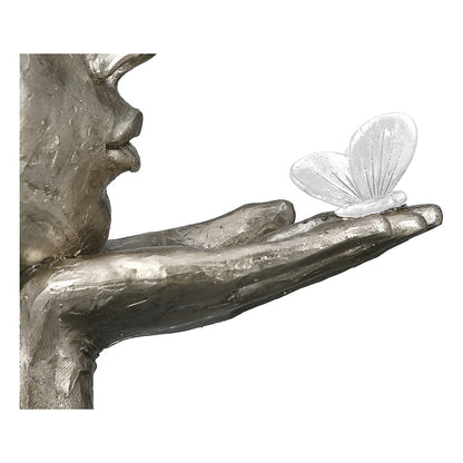 Διακοσμητικό Πρόσωπο Κρατεί Πεταλούδα σε Βάση Ασημί/Μαύρο Polyresin 16.5x10x34