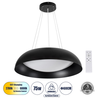 ANATOLIA 61269 Κρεμαστή Πλαφονιέρα Οροφής LED CCT 75W 8625lm 120° AC 220-240V - Εναλλαγή Φωτισμού μέσω Τηλεχειριστηρίου All In One Ψυχρό 6000k+Φυσικό 4500k+Θερμό 2700k Dimmable Φ60cm - Μαύρο