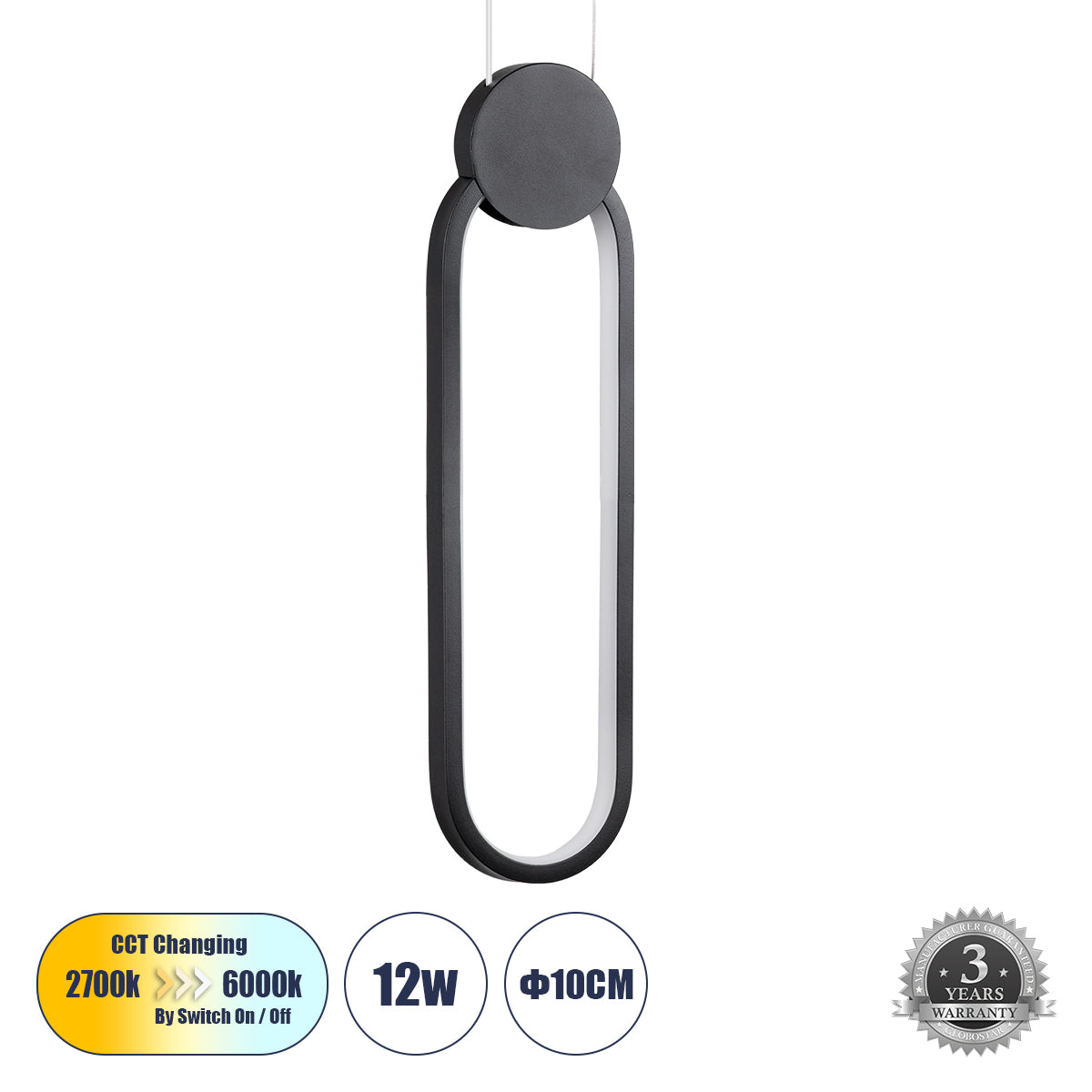 ILDI 61088 Κρεμαστό Φωτιστικό Οροφής Design LED CCT 12W 1440lm 300° AC 220-240V - Εναλλαγή Φωτισμού μέσω Διακόπτη On/Off All In One Ψυχρό 6000k+Φυσικό 4500k+Θερμό 2700k Μ10 x Π2.3 x Υ38cm - Μαύρο