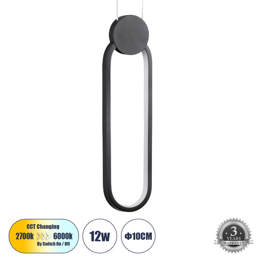 ILDI 61088 Κρεμαστό Φωτιστικό Οροφής Design LED CCT 12W 1440lm 300° AC 220-240V - Εναλλαγή Φωτισμού μέσω Διακόπτη On/Off All In One Ψυχρό 6000k+Φυσικό 4500k+Θερμό 2700k Μ10 x Π2.3 x Υ38cm - Μαύρο