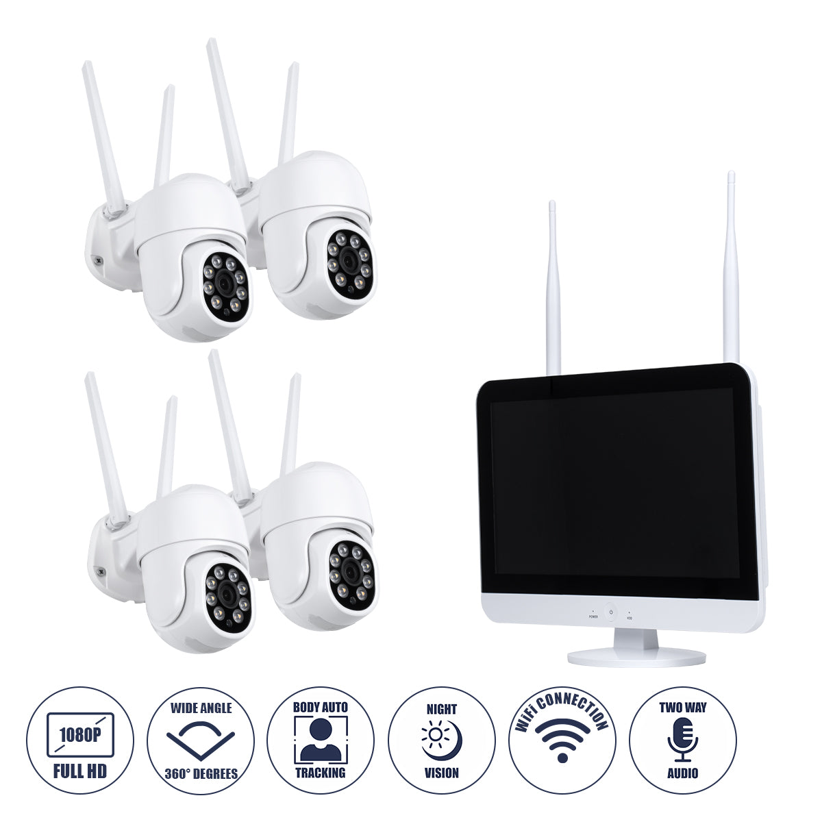 86041 Ασύρματο Καταγραφικό με Οθόνη - 4 x Camera 2MP 1080P WiFi 360° Μοιρών - Αδιάβροχο IP66 - Νυχτερινή Όραση με LED IR - Διπλή Κατέυθυνση Ομιλίας - Ανιχνευτή Κίνησης - Νυχτερινή Λήψη - Λευκό