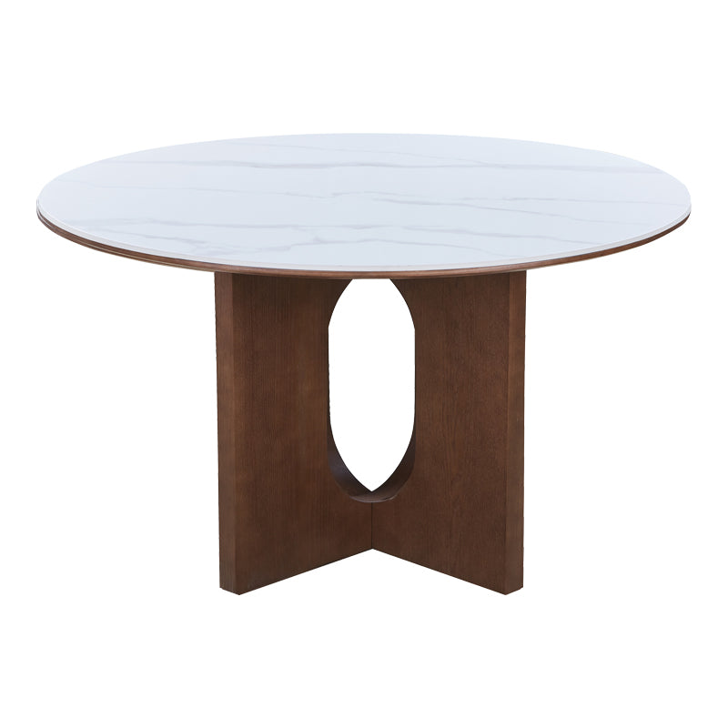 Τραπέζι Merge Sintered Stone-MDF σε Λευκό Μαρμάρου με Καρυδί Βάση Φ130x75