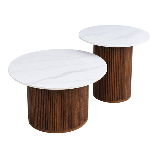 Τραπέζι Σαλονιού Skerta Σετ 2 Τεμ Λευκό Sintered Stone MDF με Καρυδί Βάση