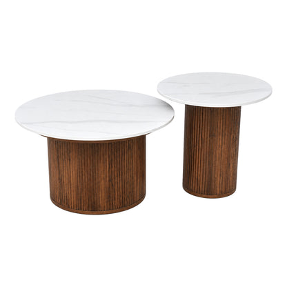 Τραπέζι Σαλονιού Skerta Σετ 2 Τεμ Λευκό Sintered Stone MDF με Καρυδί Βάση