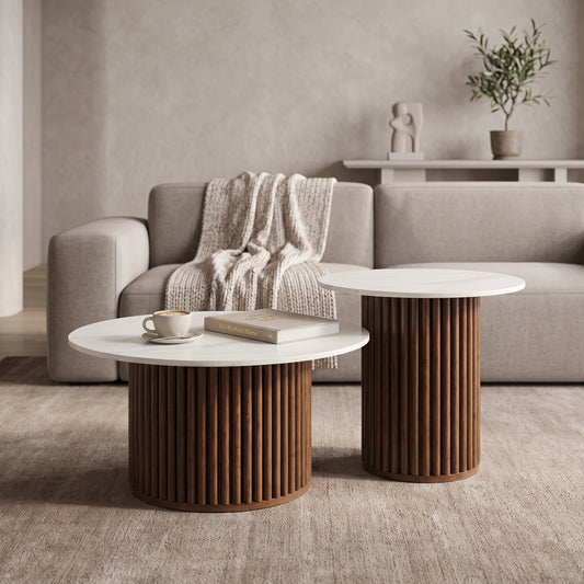 Τραπέζι Σαλονιού Skerta Σετ 2 Τεμ Λευκό Sintered Stone MDF με Καρυδί Βάση