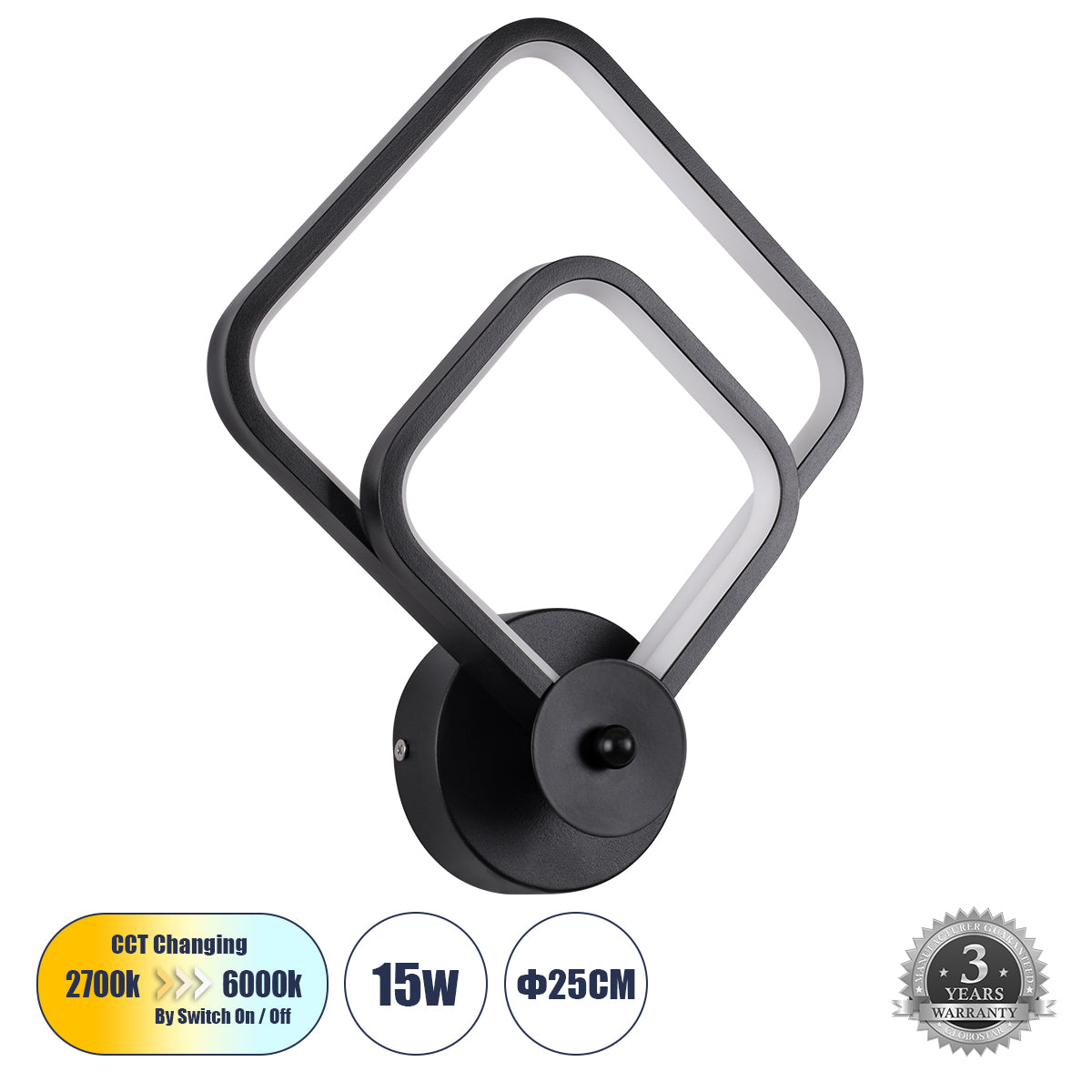 ANNA 61085 Φωτιστικό Τοίχου - Απλίκα Design LED CCT 15W 1800lm 300° AC 220-240V - Εναλλαγή Φωτισμού μέσω Διακόπτη On/Off All In One Ψυχρό 6000k+Φυσικό 4500k+Θερμό 2700k Μ25 x Π8 x Υ30cm - Μαύρο