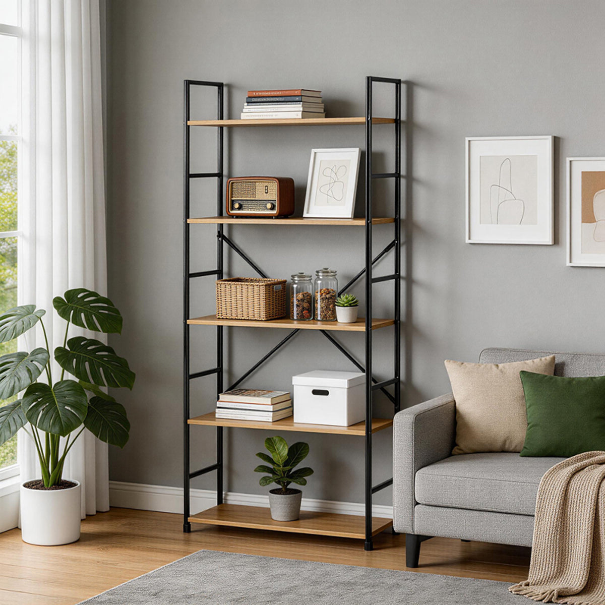 Βιβλιοθήκη Manlo Oak με Μαύρο Μέταλλο 58.6x23.5x144
