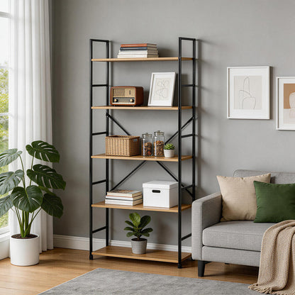 Βιβλιοθήκη Manlo Oak με Μαύρο Μέταλλο 58.6x23.5x144