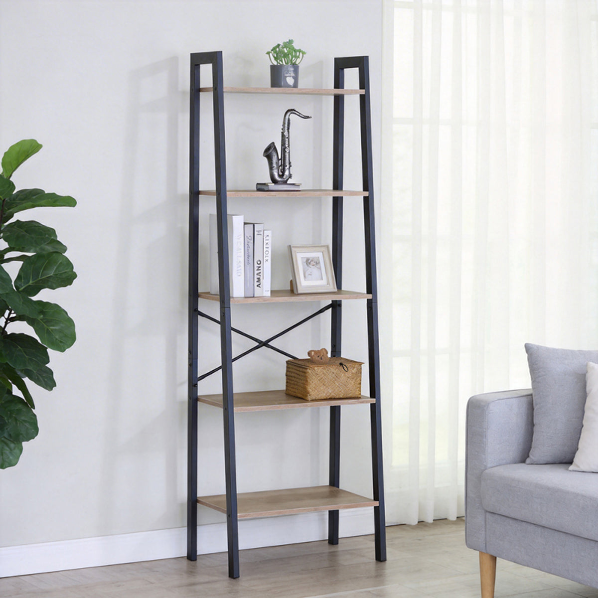 Βιβλιοθήκη Jebia Oak με Μαύρο Μέταλλο 56x37x172.2