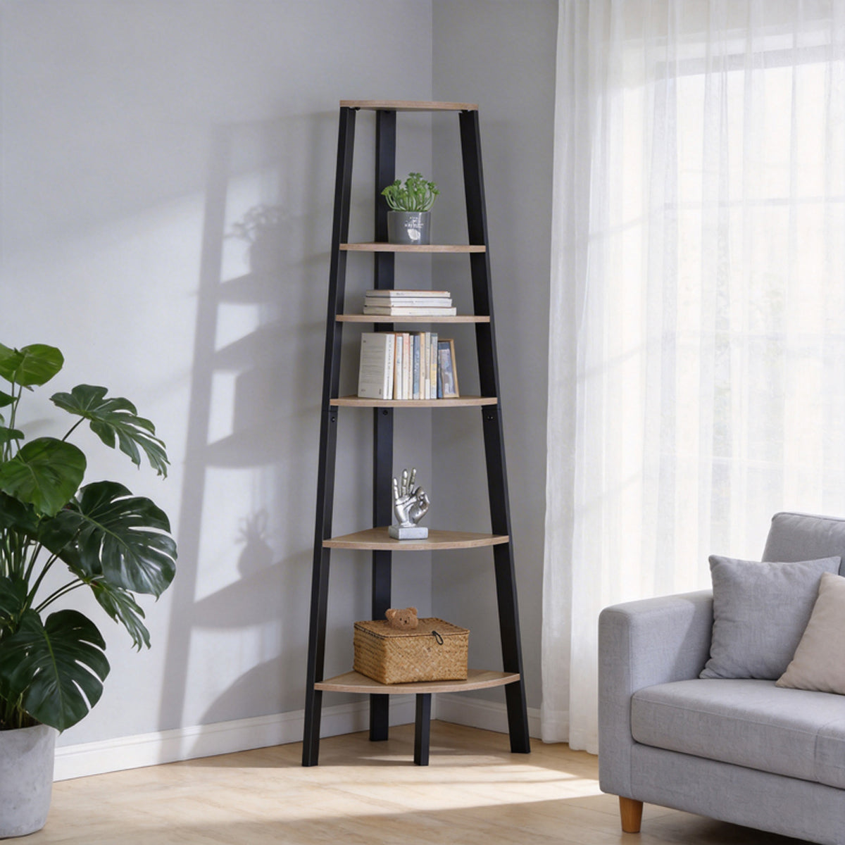 Γωνιακή Βιβλιοθήκη Arvia Oak με Μαύρο Μέταλλο 53.4x37.8x160.3